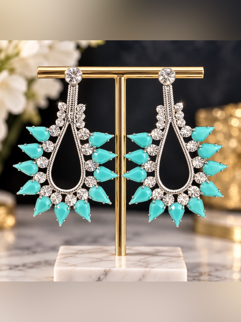 nOir Turquoise Crystal Teardrop Statement Earrings NWT Silver Tone